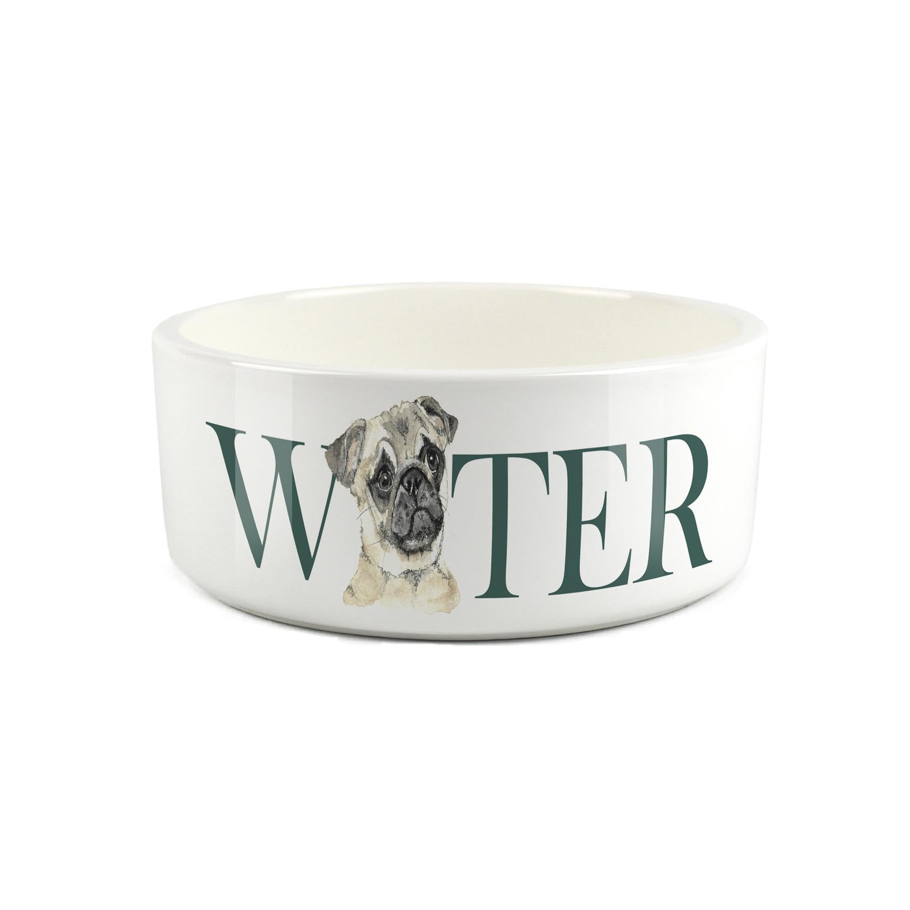 Pug Pet Bowl - Large Ceramic Water Bowl - White Water Dish For Dogs