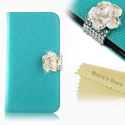 Mavis's Diary Bling Crystal Flower Fashion Leather Wallet Type Magnet Design Flip Case Cover for Samsung Galaxy S4 S Iv SIV S 4 Iv Gt-i9500 with Soft Clean Cloth (Blue)