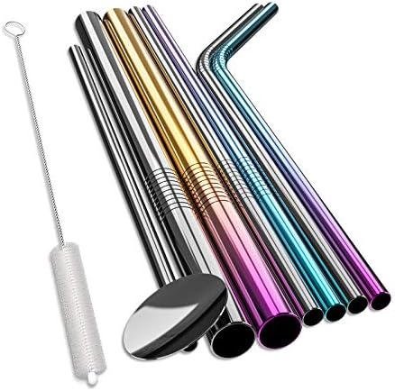 Airnogo Stainless Steel straws, thin +Wide + Stainless Steel Straws with Spoon + 1 Brushes, Reusable Medical-Grade Food-Grade Drinking Straws for Smoothie Cold Beverage -8.5"long (0.24", 0.47" dia）