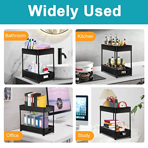 Under Sink Organizers and Storage, Vutlue 2 Tier Stackable Under Sink Cabinet Organizer with Sliding Storage Drawer and 4 Hooks, Multi-Purpose Pull Out Under Sink Organizers for Bathroom, Kitchen