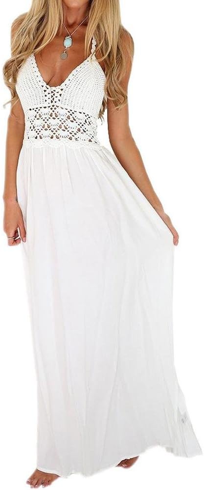 HARRYSTORE Women Beach Crochet Backless Bohemian Halterneck Evening Party Maxi Long A-Line Loose Pure Dress Drawstring Waist Lace Splicing White Long Maxi Dress