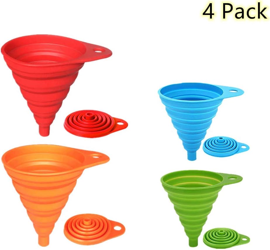 4 Packs of Silicone Collapsible Funnel, Bendable/Collapsible/Kitchen Funnel, Food Grade for Bottled Liquid Narrow and Wide Funnels, Large (Red, Orange), and Small (Blue, Green)