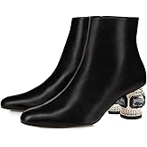 FSJ Women Round Toe Crystal Chunky Block Low Heel Ankle Boots Fashion Side Zipper Casual Prom Walking Shoes Size 4-16 US