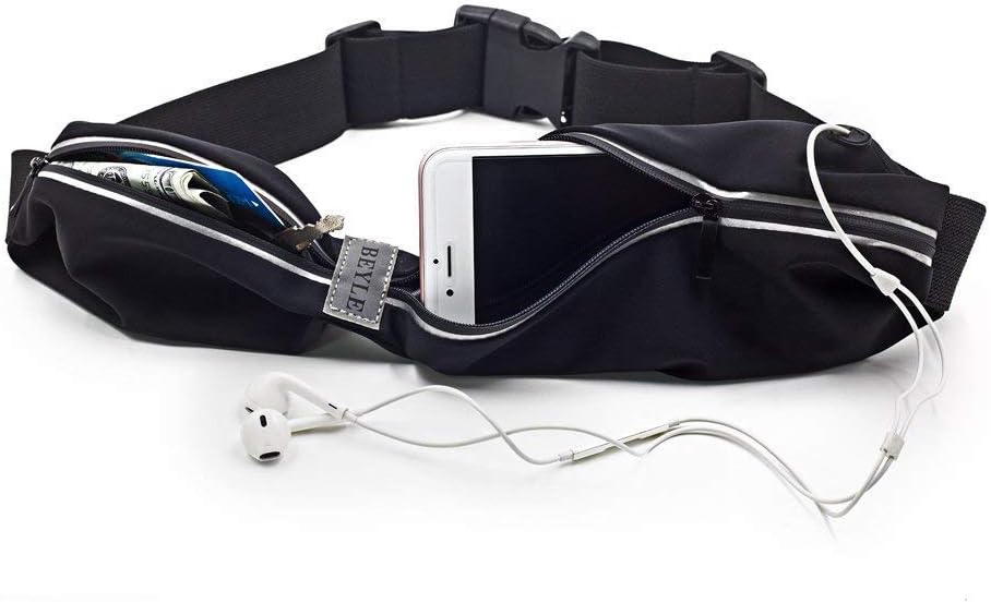 Running Belt,Beyle Waist Pack Fanny Pack,Running Accessories Fit Iphone X 6 7 8 Plus Note 8 Runner Holder Hands Free Workout Running Gear Waist Bag with 2 Zipped Pocket for Sport Jogging Fitness,Black