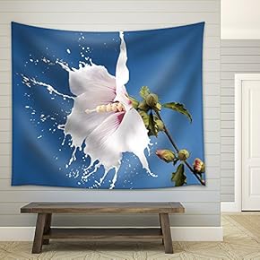White Flowers with Milk Splash on Blue Background - Fabric Wall Tapestry Home Decor - 51x60 inches