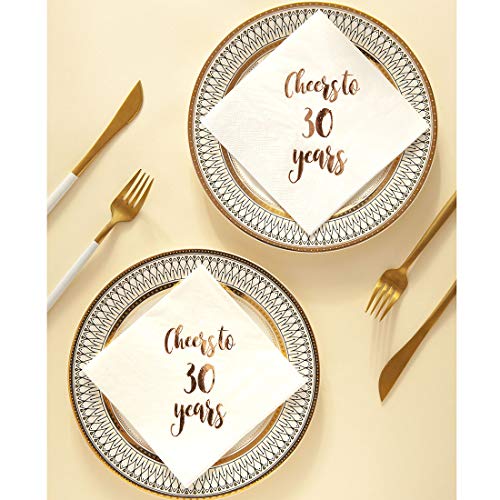 Cheers to 30 Years Cocktail Napkins, 50-Pack 3ply White Rose Gold 30th Birthday Dinner Celebration Party Decoration Napkin