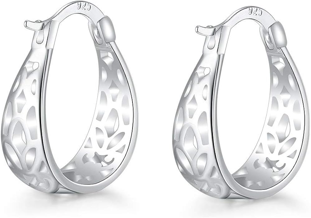 Changgaijewelry Fashion 925 Sterling Silver Plated Filigree Oval Small Hoop Earrings for Women Girls Dainty U Huggie Hoops Hypoallergenic 22mm