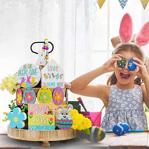 DSYSMIN 12 PCS Tiered Tray Decor Set Easter,Easter Decorations Incl.Wooden Bunny, Egg, Wood Bead with Tassel, Easter Egg Decoration Rustic for Easter Tiered Tray Items(Tray NOT Included)