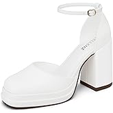 CELLENZ Women Chunky High Heels: Square Toe Ankle Strap Block Heel - White Dressy Cute Bridal Wedding Shoes - Pumps Dancing Dress Size 8.5