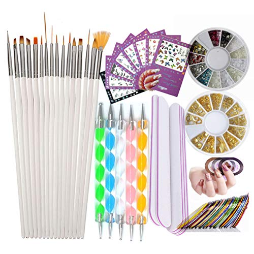 Nail Art Supplies Kit 15pc Gel Nail Brushes Tools 5pc Nail Dotting Pen, 2 Boxes Nail Rhinestones Decorations Accessories, 8pc Flower Nail Decal, 10pc Nail Striping Tape Line, 5pc Manicure Nail Files