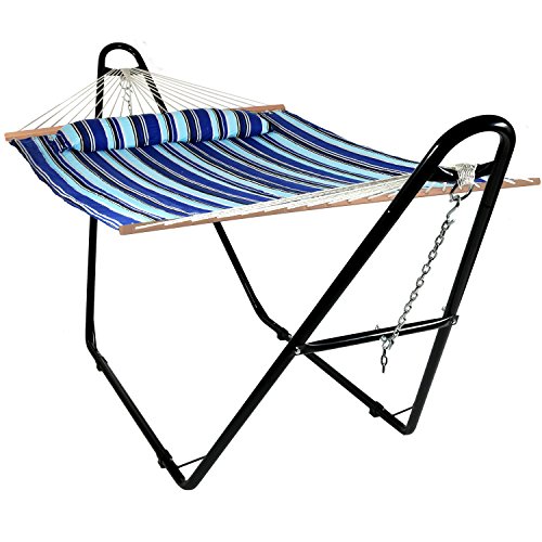 Sunnydaze Double Quilted Fabric Hammock with Multi-Use Universal Steel Stand, Catalina Beach Striped, 2-Person, 450 Pound Capacity