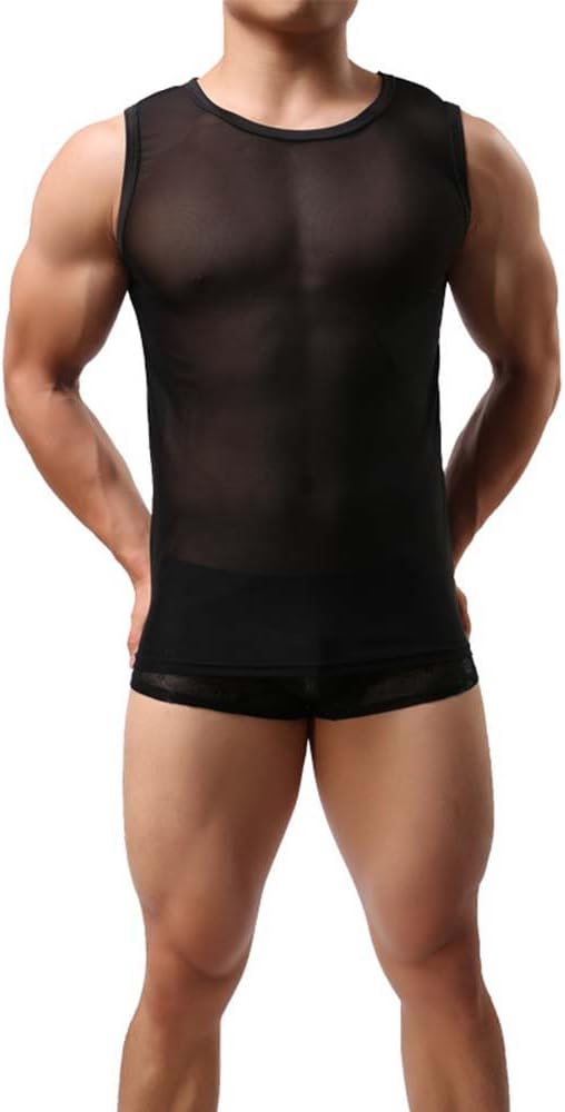 Sexy Fashion Fishnet Mesh Tank Tops for Men Clothes Vest Transparent Fetish Male Guy Black Sleeveless Net Top