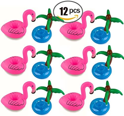 Coconut Palm Tree and Flamingo Cup Holder Inflatable Coasters Cup Drink Holder Set(12 Pack)-Float Beverage Cans, Cups &amp; Bottles - Fun Kid &amp; Adult Pool Party