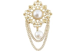 NEWZENRO Vintage Round Pearl Filigree Flower Chain Tassel Brooches Lapel Pins for Women Girls Party Dance Banquet Dainty Boho Gold Dangle Drop Pin Dress Suit Clothes Accessories Jewelry