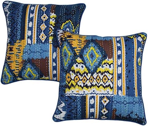 Agasvi Cotton Indigo Ikat Kantha Hand Embroidered Square Cushion Covers Sets Decorative Pillow for Home 18 x 18 Inch Set of 2