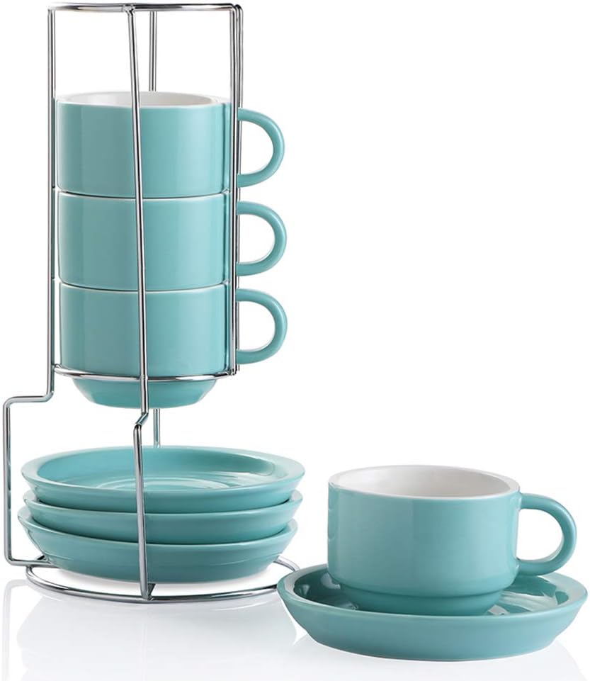 SWEEJAR Porcelain Espresso Cups with Saucers, 4 Ounce Stackable