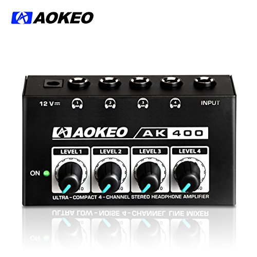 Aokeo Super Compact 4-Channel Stereo Headphone Amplifier with DC 12V Power Adapter for Sound Reinforcement, Studio, Stage, Choir, Features Ultra Low Noise, Premium Sonic Quality (AK-400)