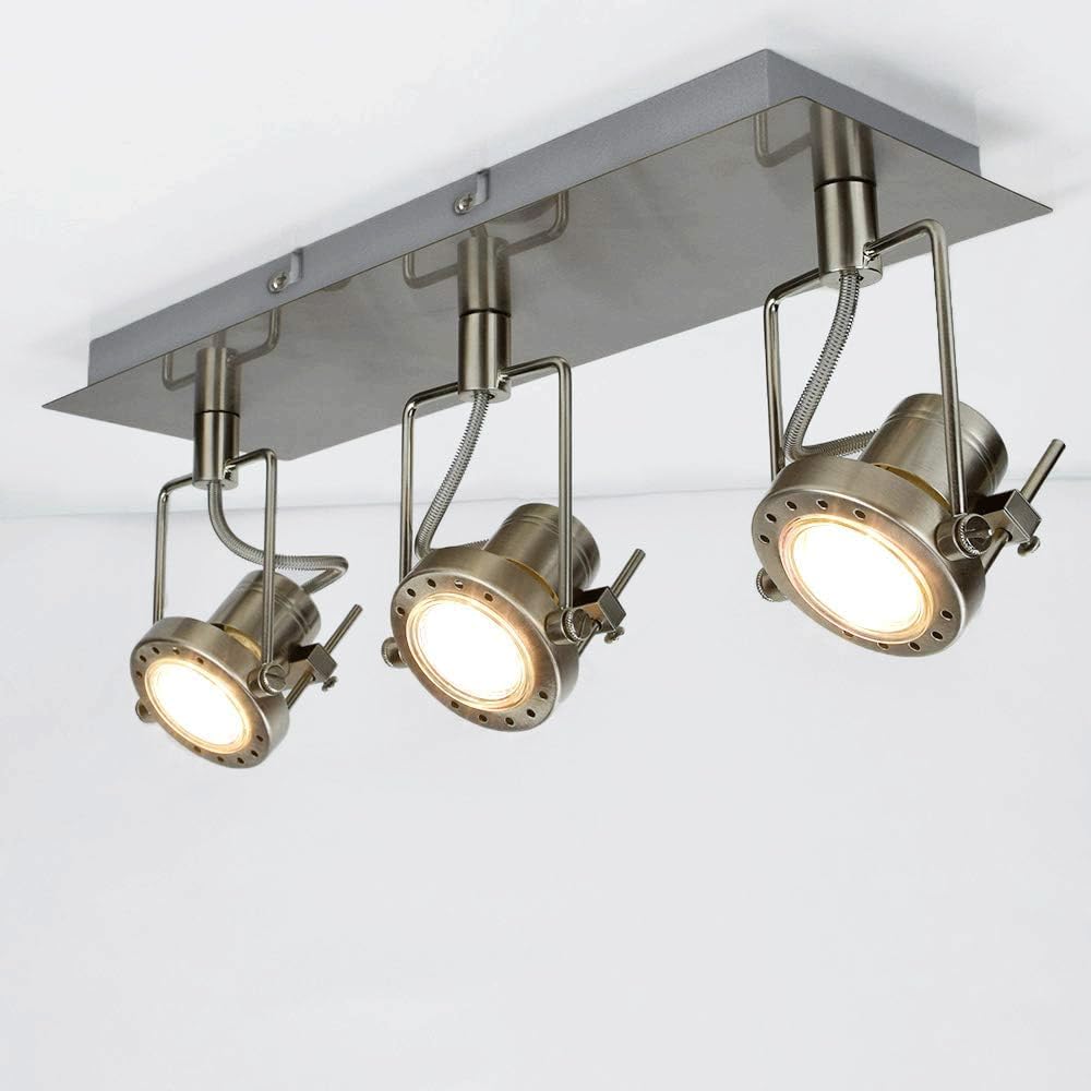 Depuley Modern 3 Way LED Ceiling Light with Square Plate, 3000K Warm White, Swiveling Spotlight, Brushed Nickel Chrome Kitchen Light for Living Room, Bedroom, Kitchen(3xGU10 Bulbs Included)