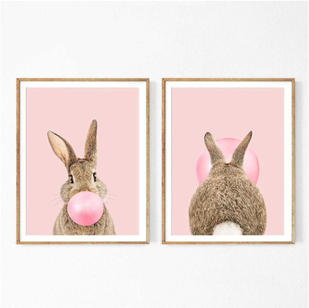 2 Pieces Bunny Rabbit Bubble Gum Art Poster Prints Blue Pink Nursery Wall Art Canvas Painting Wall Picture Baby Animals Nursery Decor 40X50Cm No Frame