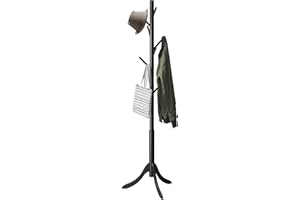 Black Coat Rack Stand, Bamboo Wood Coat Tree with 8 Hooks, Hallway Entryway Hat Hanger Organizer Standing for Bedroom, Office