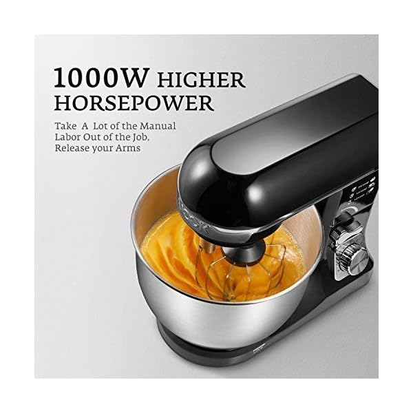 Stand Mixer, Aicok Dough Mixer 1000W with Double Dough Hooks, Whisk, Beater, Pouring Shield, 5L Stainless Steel Bowl, 6 Speed Tilt-Head Food Mixer, Kitchen Electric Mixer
