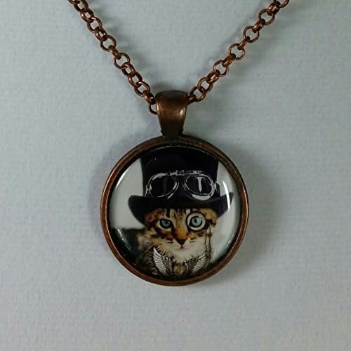 Orange Cat in Black Top Hat Steampunk Art Necklace Pendant