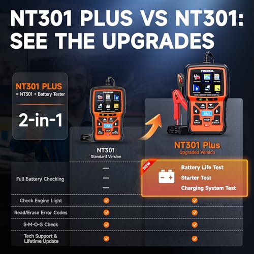 FOXWELL NT301 Plus OBD2 Code Reader Car Battery Tester 2-in-1, OBD2 Scanner Diagnostic Tool with Full OBDII Function, 12V 100-2000 CCA Battery Charging Cranking Test, I/M Readiness, Data Printing