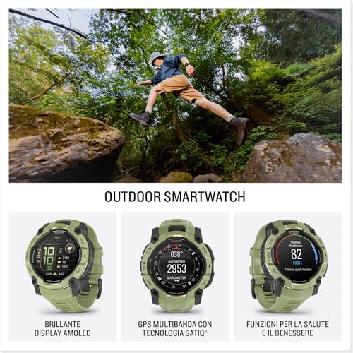 Instinct 3, Smartwatch, 50mm, Display AMOLED 1,3", Lunetta in metallo, 10ATM, GPS Multi-band, Torcia LED, 90+ App per lo Sport, GarminPay, Connect IQ, Autonomia 24 giorni, Fern Green