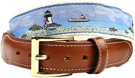Ferry Boat Leather Tab Belt in Blue on Natural Canvas by Country Club Prep