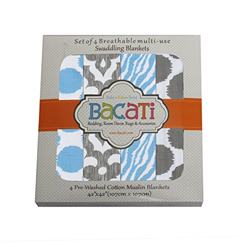 Ikat Blue/Grey Swaddling Muslin Blankets set of 4