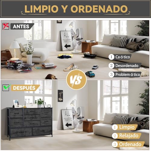 FURRIFIC Cómoda Gran Capacidad de 9 Cajones,100 * 75 * 30cm,Cajonera para Recamara,Ropa,Hogar Y Oficina,Organizador Cajonera de Estructura Metal con Cajones de Tela en 3 Tamaños,Negro