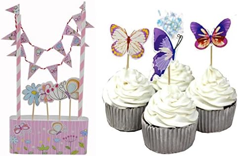 Butterfly Flowers Cupcake Toppers Birthday Cake Bunting Banner Decoration Kit Butterfly Cupcake Toppers Pink