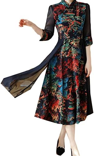 Nicelly Women's Big Hem Floral Sexy Chinese Evening Dress Cheongsam Blue L