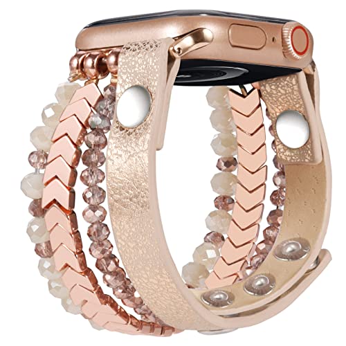 CAGOS Bracelet Beaded Compatible with Apple Watch Band Series 10/9/8/7/6/5/4/3/2/1 SE 38mm 40mm 41mm 42mm 44mm 45mm 46mm, Cute Handmade Fashion Elastic Stretchy iWatch Bands for Women (Rose Gold B, 38mm/40mm/41mm/42mm(Series 10)-(6"-6.9"）)