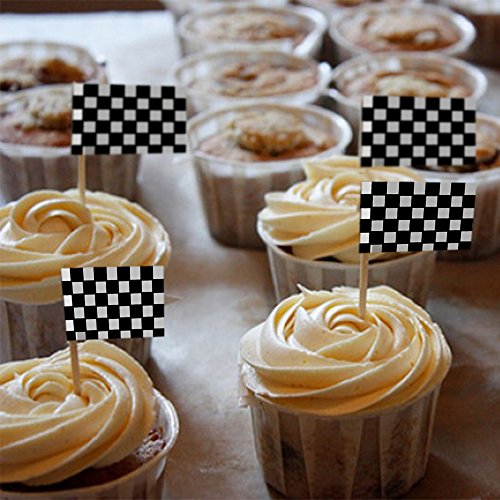 Checkered Toothpicks Flags Cupcakes Topper 200 Pcs Black and White Party Cake Decoration Wooden Picks with Paper Flag - Thumbnail 6