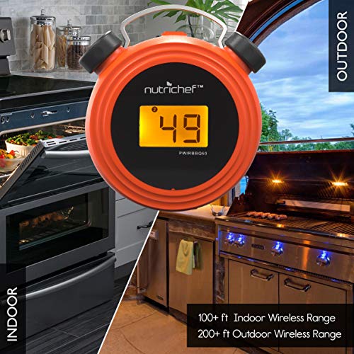 NutriChef Smart Bluetooth BBQ Grill Thermometer - Digital Display, Stainless Dual Probes Safe to Leave in Outdoor Barbecue Meat Smoker - Wireless Remote Alert iOS Android Phone WiFi App - PWIRBBQ60