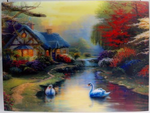 3D Lenticular Stereoscopic Print Paint Picture - Cottage by a Stream with Swans