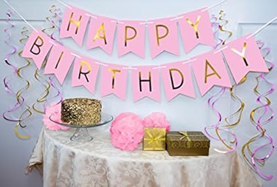 Birthday Party Pack - Pastel Pink Happy Birthday Bunting, Poms, and Swirls Pack- Birthday Decorations - 21st - 30th - 40th - 50th Birthday Party Supplies