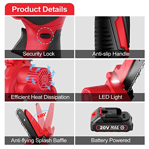 6 Inch Mini Chainsaw Cordless, Chain Saws with 800W Brushless Motor & 2x 2.0Ah Batteries, Portable Handheld Small Chainsaw with 2 Chains, Security Lock, for Wood Cutting Tree Trimming Garden