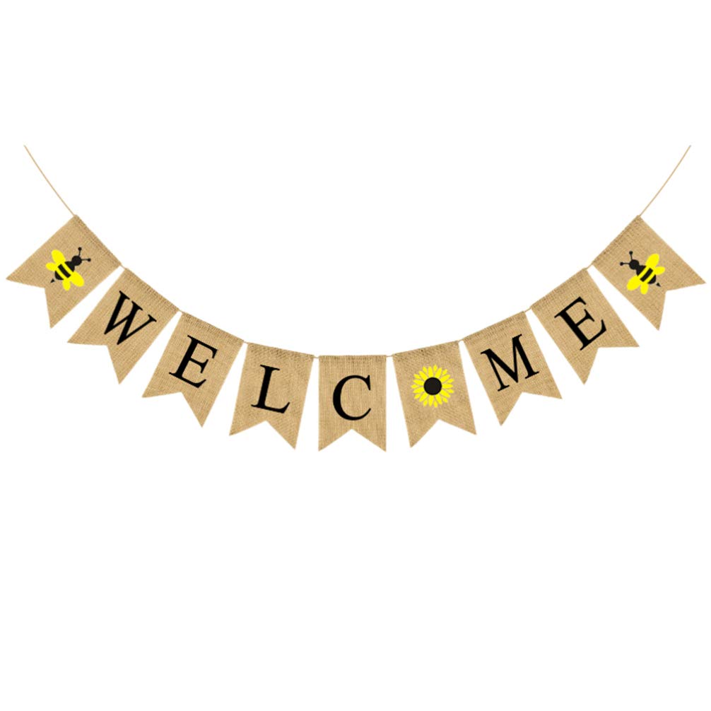 Amosfun Welcome Banner Burlap Sign hanging Bunting Flags Garland with Bee Decoration for Housewarming Thanksgiving Day Wedding Party Supplies