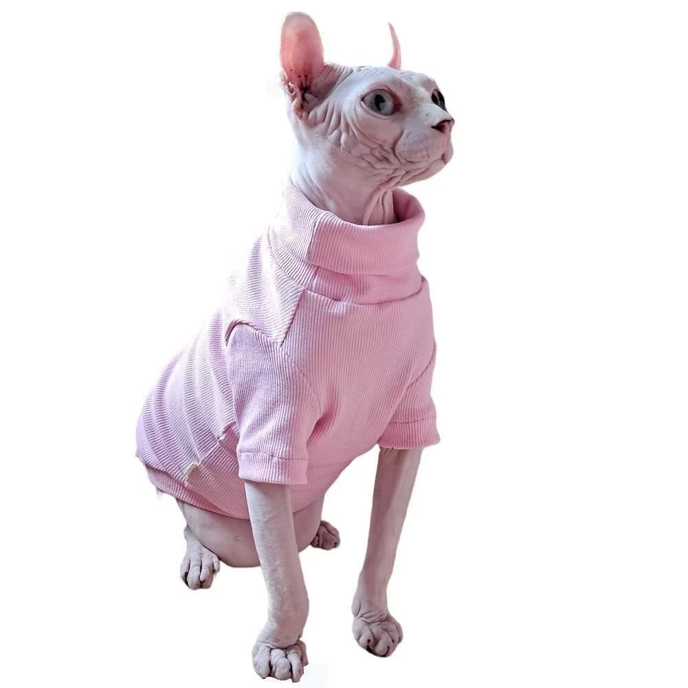 Photo 1 of Sphynx Hairless Cat Clothes Winter Turtlenecks Sweater 95% Cotton Soft, Pullover Knitwear with Sleeves,Pet Clothes Apparel for Cats & Small Dogs Pink M