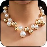 Large Pearl Necklace for Women,Dainty Gold Big Pearl Choker Necklace for Prom Wedding Bridal Bridesmaid Jewelry Gifts (Chunky Gold)