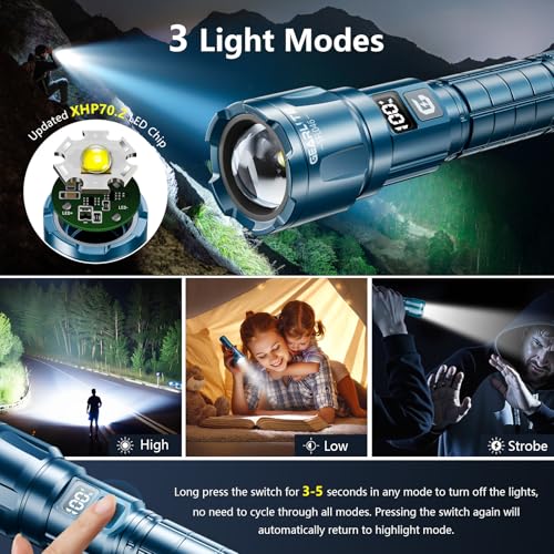 GEARLITE LED Rechargeable Torch, 3 Light Modes, 6000 L, Super Bright Zoomable Torches with LCD Battery Display, IP65 Waterproof & XHP70.2 Tactical Torch for Camping, Fishing, Emergencies (2, Blue)