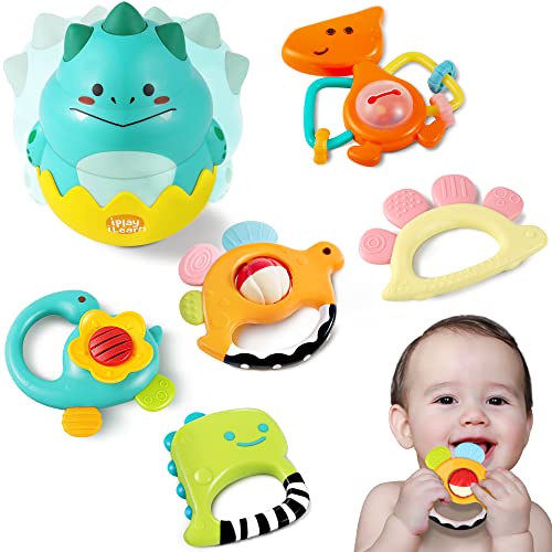 iPlay, iLearn Baby Dinosaur Rattle Set, Infant Teething Toy for 36