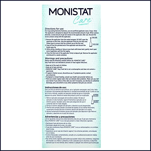 Monistat Stay Fresh Gel, Odor Eliminating Gel for Feminine Care, Fragrance Free Vaginal Gel, Prefilled Applicators, 4 Count