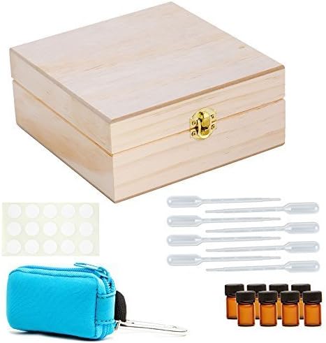 Essential Oils Case Kit - Includes Wooden Essential Oil Box, Key Chain, 5/8 Dram (2 ml) Vials, Blank Labels, and Pipettes - Perfect Essential Oil Kit For Anywhere! (Aqua) by Aroma Designs
