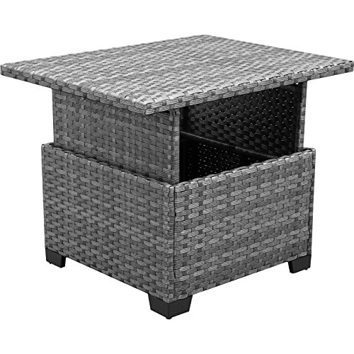 Patio Rattan Coffee Table with Hidden Storage, Wicker Liftable Dinning