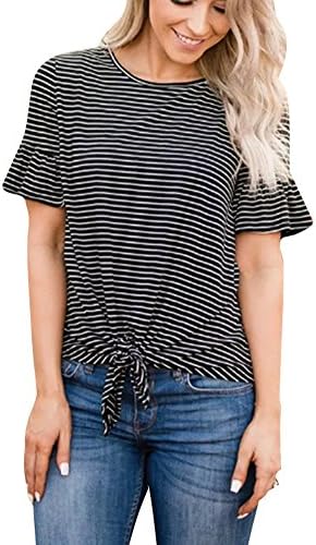 Poulax Women Casual Ruffle Short Sleeve Striped Knot Tie Front Loose Tee T Shirt Tops
