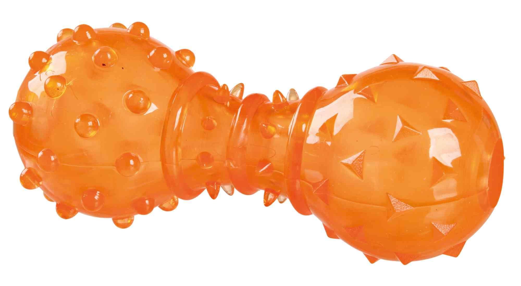 TRIXIE snack dumbbell for dogs, 34930, orange, 12 cm, rubber, can be filled with snacks, two openings