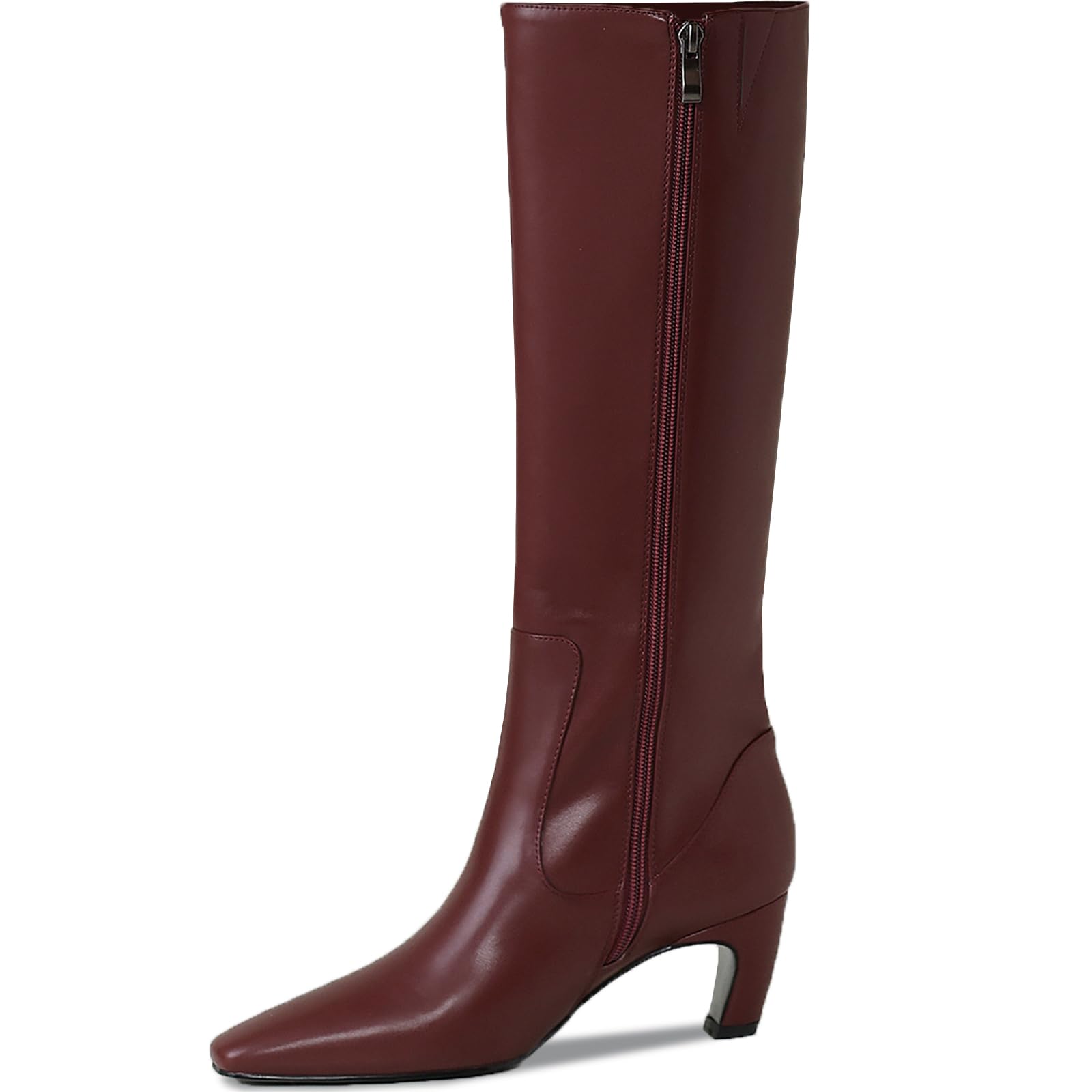 Photo 1 of TEAIEUI Knee High Boots Women Square Toe Tall Boots Chunky Block heels Long Boots Side Zipper Dress Fashion Boots Burgundy 8.5